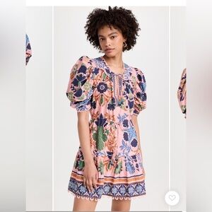 FARM Rio Seashell Tapestry Pink Floral Puff Sleeve Dress